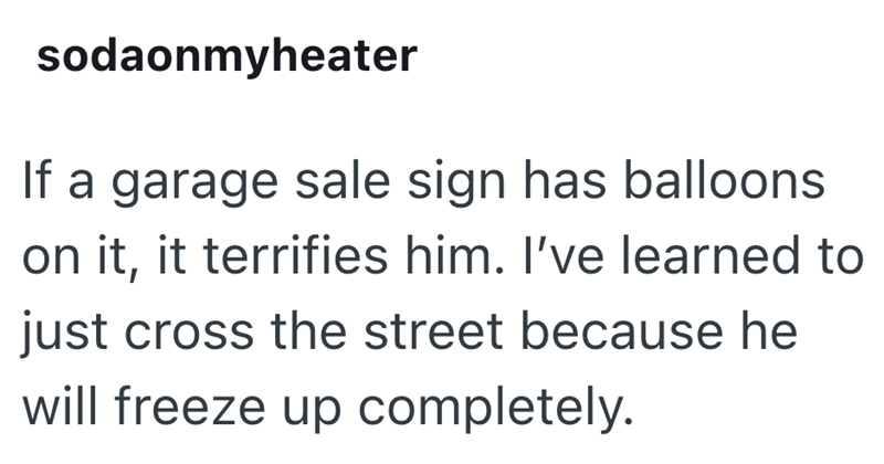 sodaonmyheater If a garage sale sign has balloons on it, it terrifies him. I've learned to just cross the street because he will freeze up completely.