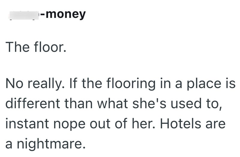 -money The floor. No really. If the flooring in a place is different than what she's used to, instant nope out of her. Hotels are a nightmare.