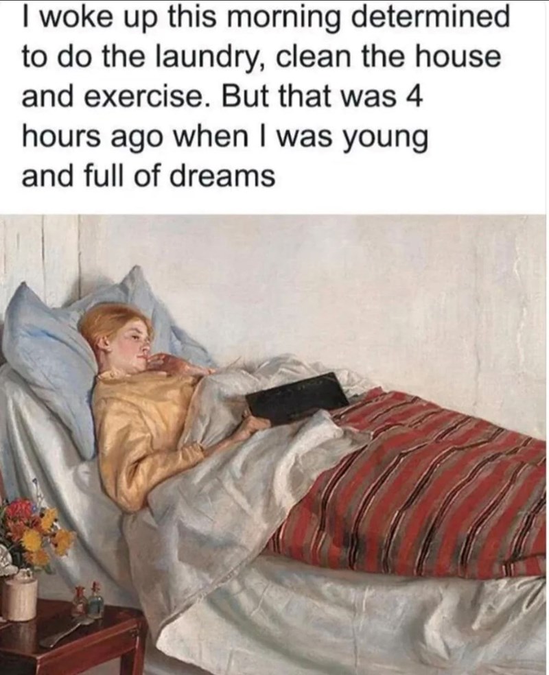 I woke up this morning determined to do the laundry, clean the house and exercise. But that was 4 hours ago when I was young and full of dreams