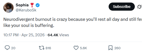 Sophia ⭑ @KeruboSk Subscribe Neurodivergent burnout is crazy because you'll rest all day and still fee like your soul is buffering. 10:17 PM - Apr 25, 2026-64.4K Views 20 1816 5.6K 260