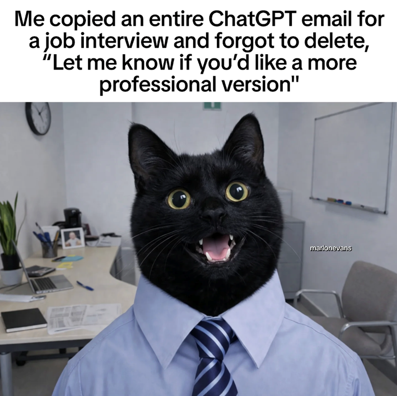 Me copied an entire ChatGPT email for a job interview and forgot to delete, "Let me know if you'd like a more professional version" marlonevans