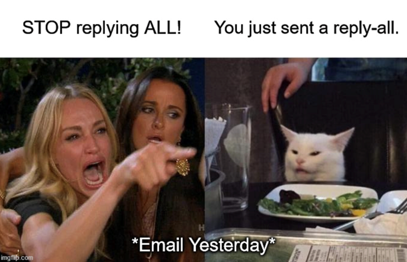 STOP replying ALL! You just sent a reply-all. imgflip.com *Email Yesterday*