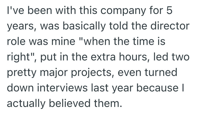 I've been with this company for 5 years, was basically told the director role was mine "when the time is right", put in the extra hours, led two pretty major projects, even turned down interviews last year because I actually believed them.
