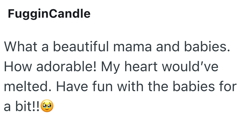 FugginCandle What a beautiful mama and babies. How adorable! My heart would've melted. Have fun with the babies for a bit!!o