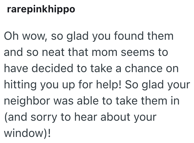 rarepinkhippo Oh wow, so glad you found them and so neat that mom seems to have decided to take a chance on hitting you up for help! So glad your neighbor was able to take them in (and sorry to hear about your window)!