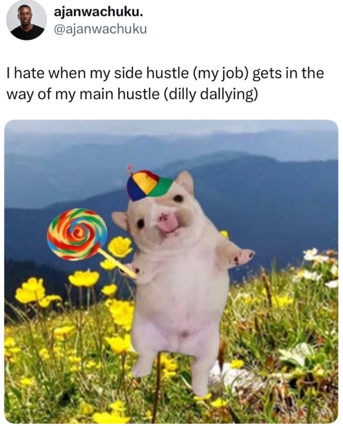 ajanwachuku. @ajanwachuku I hate when my side hustle (my job) gets in the way of my main hustle (dilly dallying)