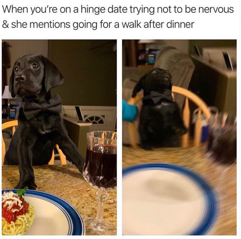 When you're on a hinge date trying not to be nervous & she mentions going for a walk after dinner