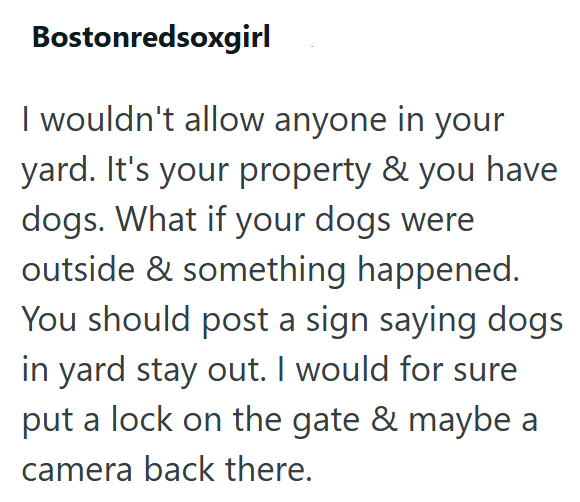 Bostonredsoxgirl I wouldn't allow anyone in your yard. It's your property & you have dogs. What if your dogs were outside & something happened. You should post a sign saying dogs in yard stay out. I would for sure put a lock on the gate & maybe a camera back there.