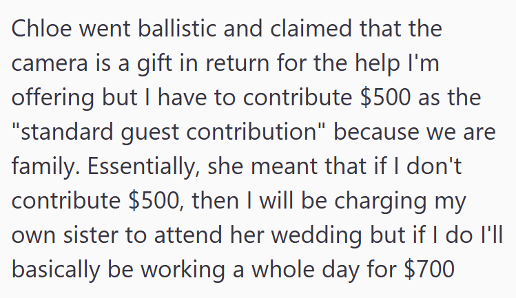 Chloe went ballistic and claimed that the camera is a gift in return for the help I'm offering but I have to contribute $500 as the "standard guest contribution" because we are family. Essentially, she meant that if I don't contribute $500, then I will be charging my own sister to attend her wedding but if I do I'll basically be working a whole day for $700