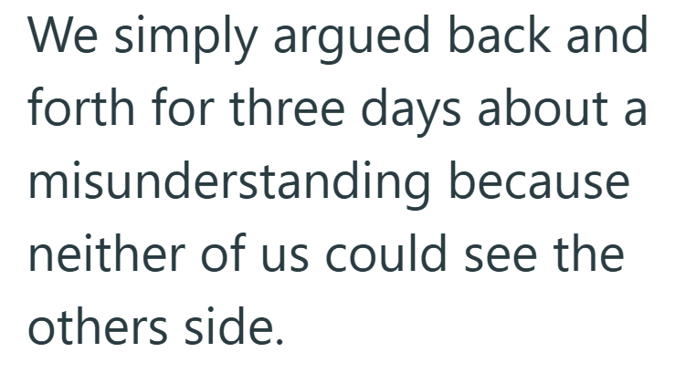 We simply argued back and forth for three days about a misunderstanding because neither of us could see the others side.