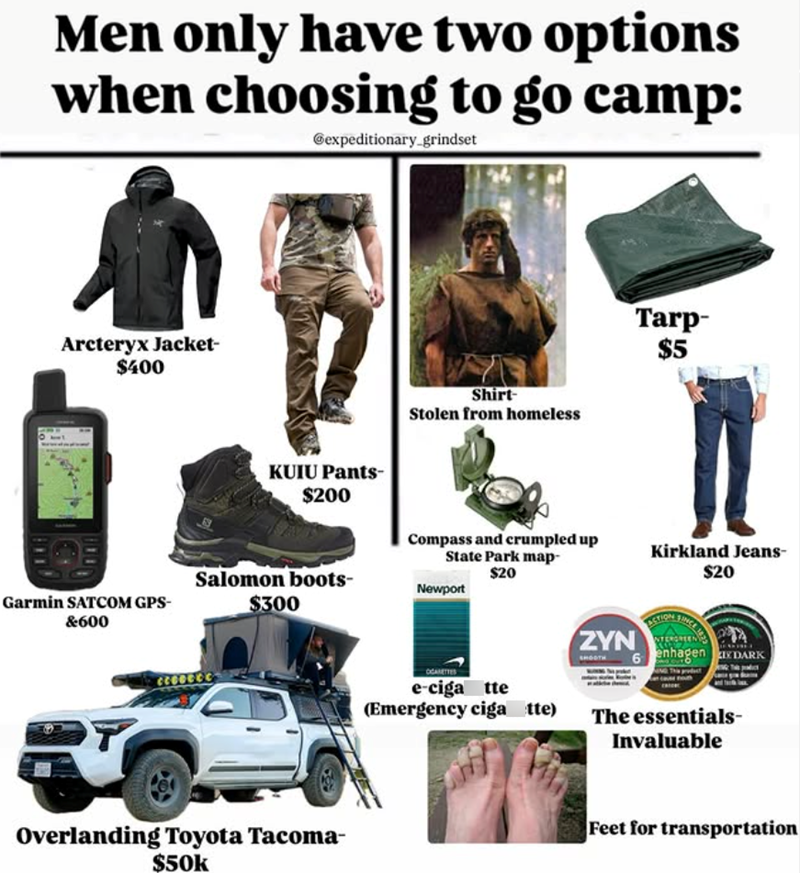 Men only have two options when choosing to go camp: @expeditionary grindset Arcteryx Jacket- $400 KUIU Pants- $200 Shirt Stolen from homeless Compass and crumpled up State Park map- Garmin SATCOM GPS- &600 Salomon boots- $300 $20 Newport T Overlanding Toyota Tacoma- $50k Tarp- $5 Kirkland Jeans- $20 e-ciga tte (Emergency ciga tte) ZYN CTION SINCE 6 enhagen IX DARK product The essentials- Invaluable Feet for transportation