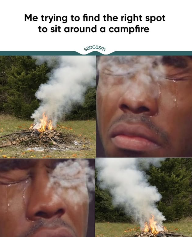 Me trying to find the right spot to sit around a campfire Sadcasm