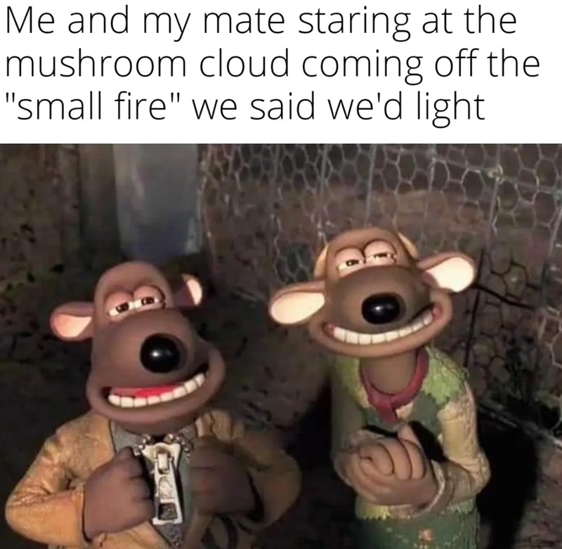 Me and my mate staring at the mushroom cloud coming off the "small fire" we said we'd light