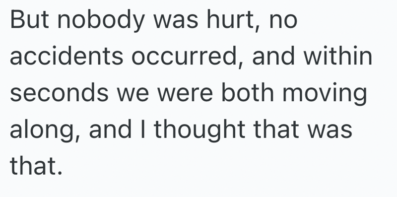 But nobody was hurt, no accidents occurred, and within seconds we were both moving along, and I thought that was that.