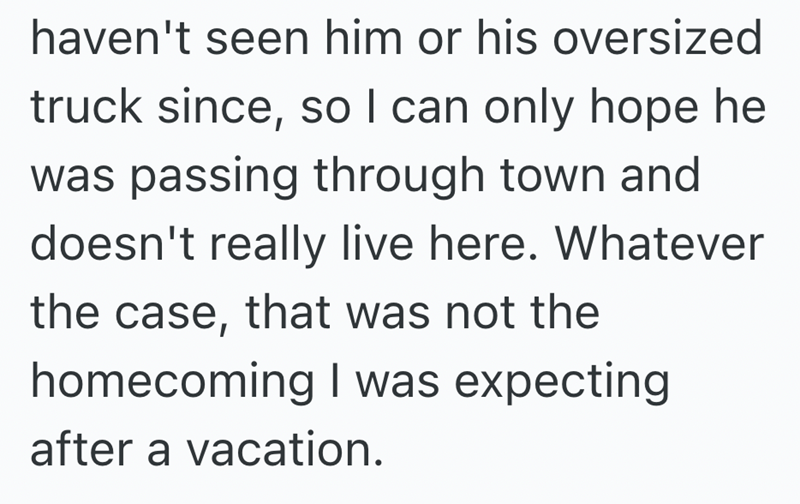 haven't seen him or his oversized truck since, so I can only hope he was passing through town and doesn't really live here. Whatever the case, that was not the homecoming I was expecting after a vacation.
