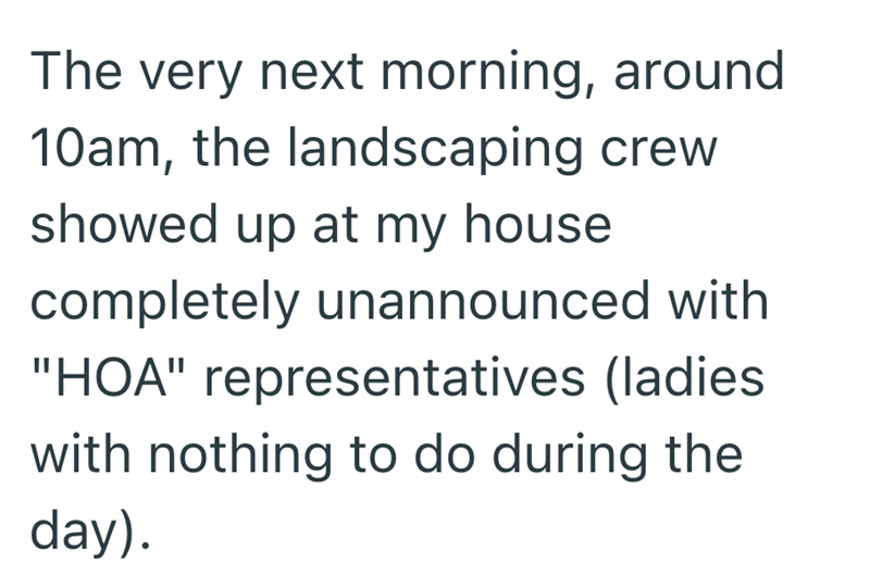 The very next morning, around 10am, the landscaping crew showed up at my house completely unannounced with "HOA" representatives (ladies with nothing to do during the day).