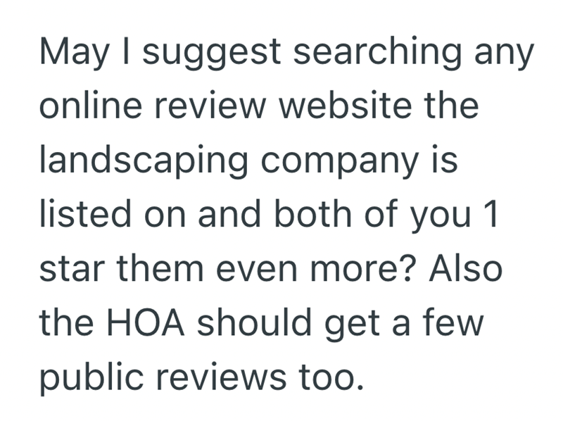May I suggest searching any online review website the landscaping company is listed on and both of you 1 star them even more? Also the HOA should get a few public reviews too.