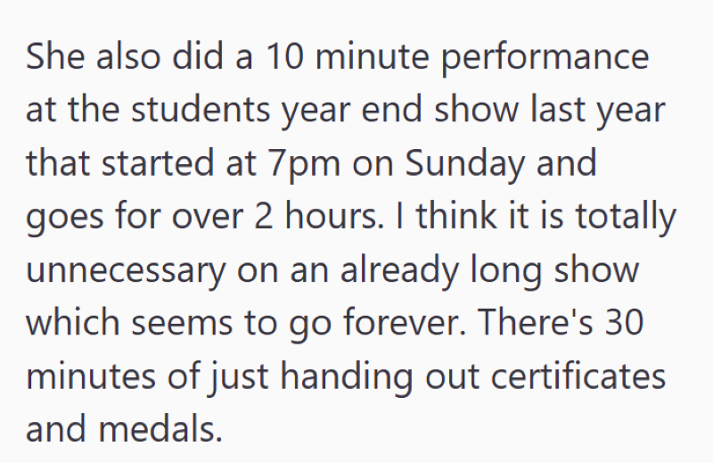 She also did a 10 minute performance at the students year end show last year that started at 7pm on Sunday and goes for over 2 hours. I think it is totally unnecessary on an already long show which seems to go forever. There's 30 minutes of just handing out certificates and medals.