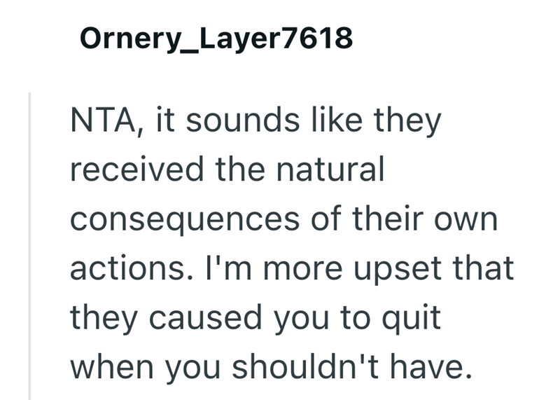 Ornery_Layer7618 NTA, it sounds like they received the natural consequences of their own actions. I'm more upset that they caused you to quit when you shouldn't have.