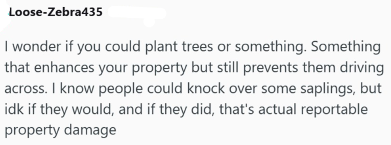 Loose-Zebra435 I wonder if you could plant trees or something. Something that enhances your property but still prevents them driving across. I know people could knock over some saplings, but idk if they would, and if they did, that's actual reportable property damage