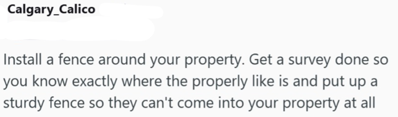 Calgary_Calico Install a fence around your property. Get a survey done so you know exactly where the properly like is and put up a sturdy fence so they can't come into your property at all
