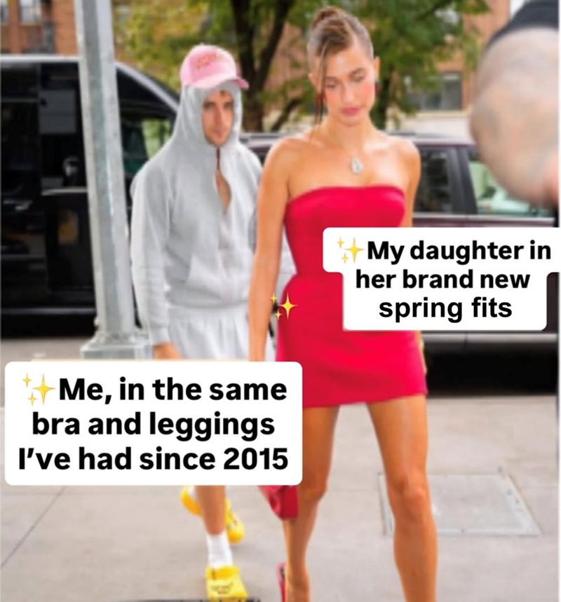 Me, in the same bra and leggings I've had since 2015 ++ My daughter in her brand new spring fits