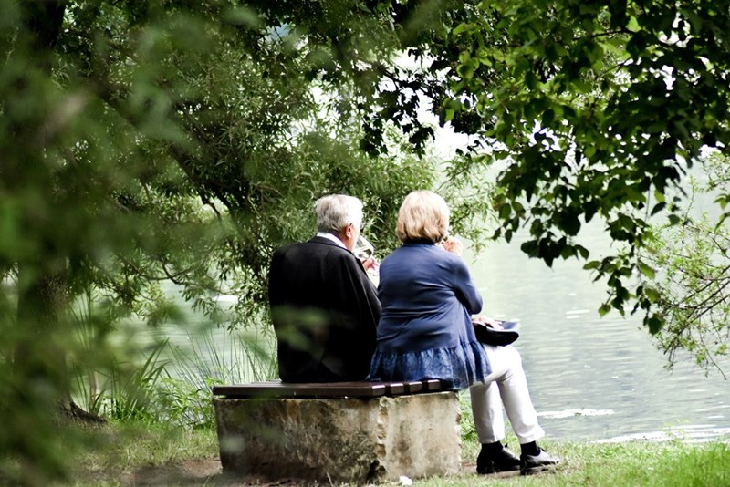 An old couple sitting down in a bench surrounded by trees and plants.