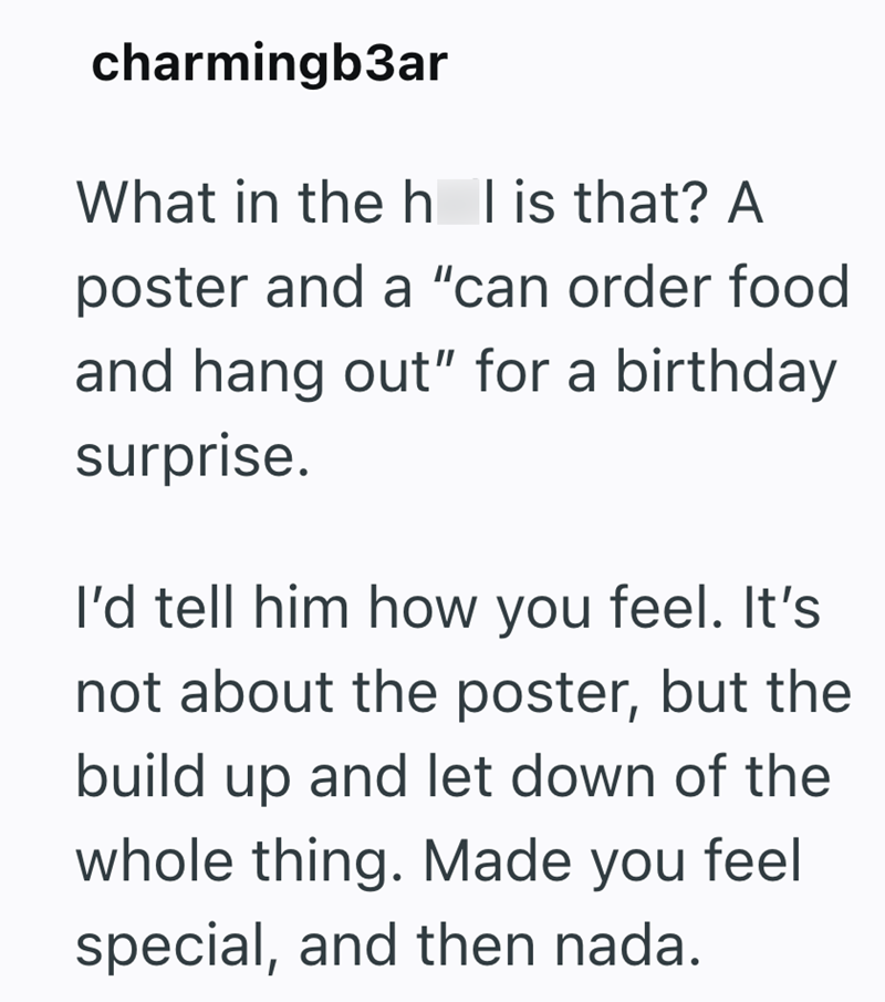charmingb3ar What in the h is that? A poster and a "can order food and hang out" for a birthday surprise. I'd tell him how you feel. It's not about the poster, but the build up and let down of the whole thing. Made you feel special, and then nada.