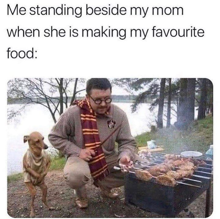 Me standing beside my mom when she is making my favourite food: