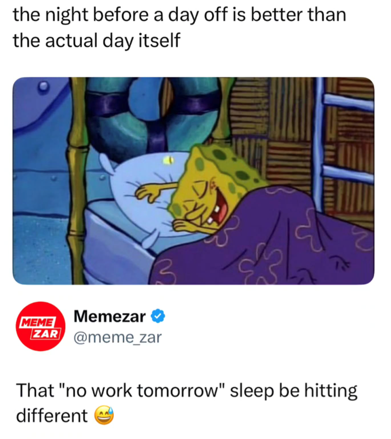 the night before a day off is better than the actual day itself MEME Memezar ZAR @meme_zar That "no work tomorrow" sleep be hitting different