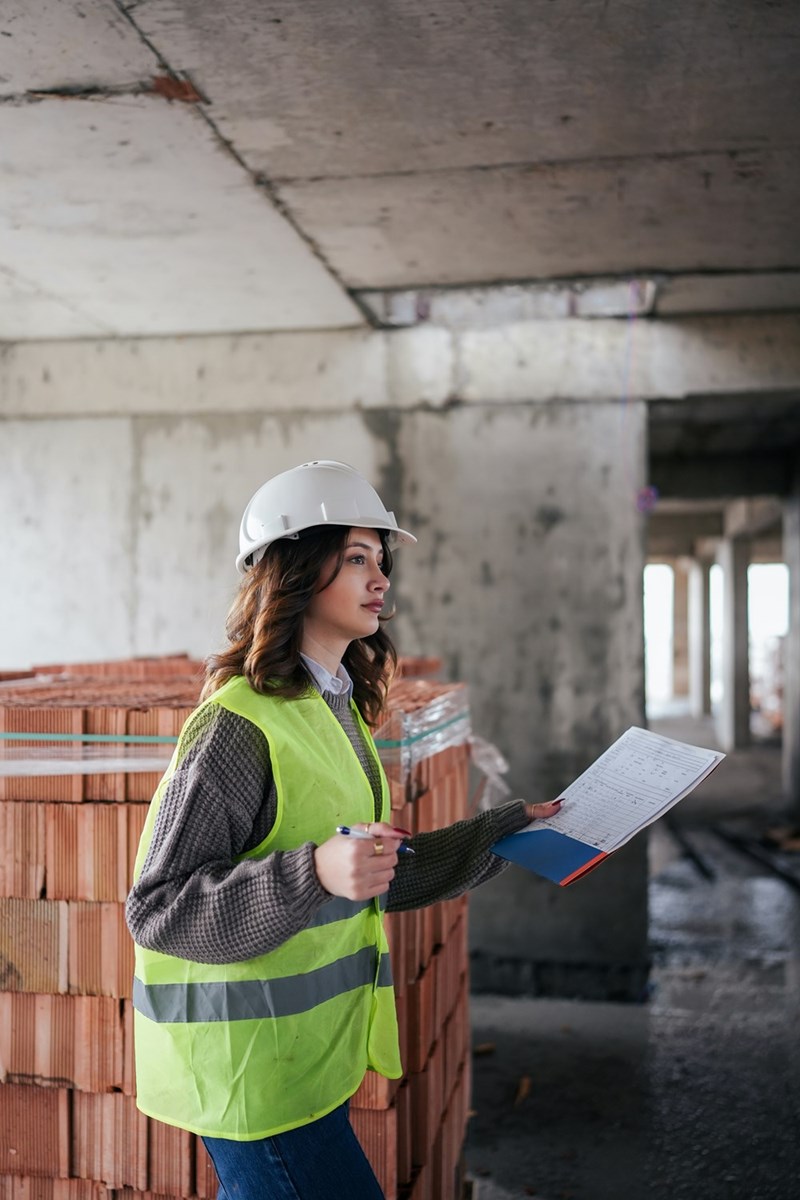Construction boss in hardhat walks through building site.