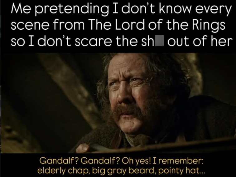 Me pretending I don't know every scene from The Lord of the Rings so I don't scare the shout of her Gandalf? Gandalf? Oh yes! I remember: elderly chap, big gray beard, pointy hat...