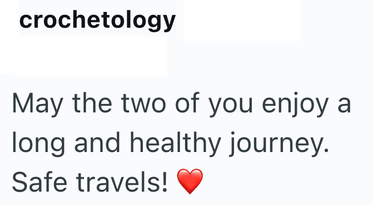 crochetology May the two of you enjoy a long and healthy journey. Safe travels!