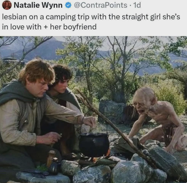 Natalie Wynn @ContraPoints . 1d lesbian on a camping trip with the straight girl she's in love with + her boyfriend