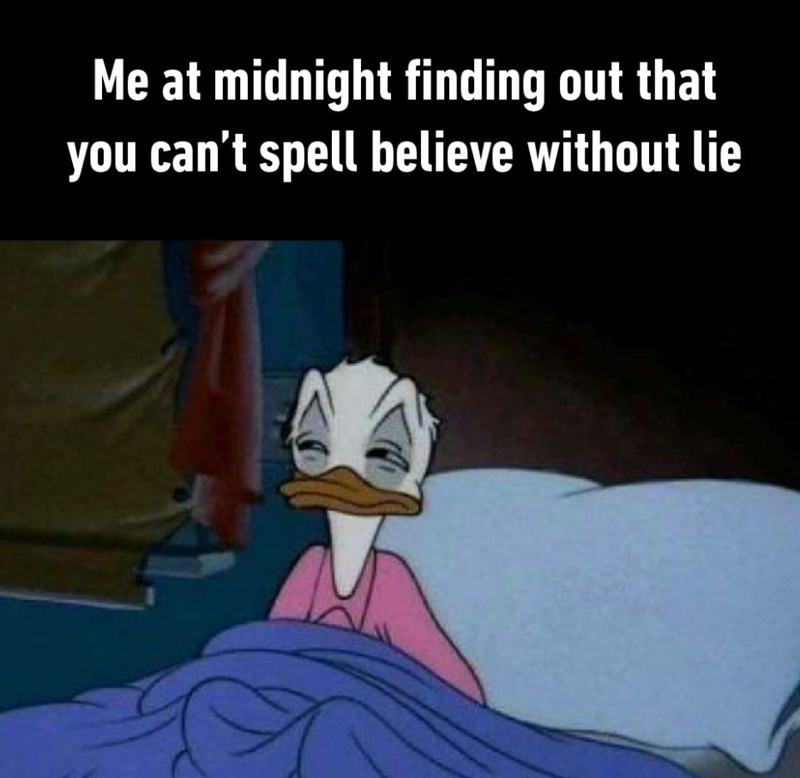 Me at midnight finding out that you can't spell believe without lie