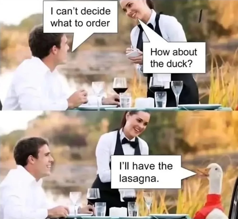 I can't decide what to order How about the duck? I'll have the lasagna.