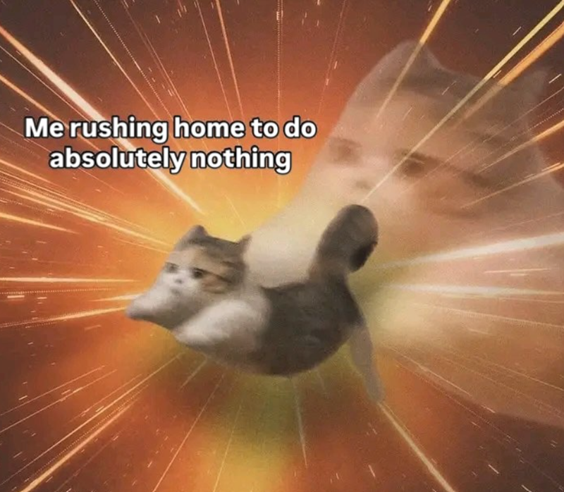 Me rushing home to do absolutely nothing