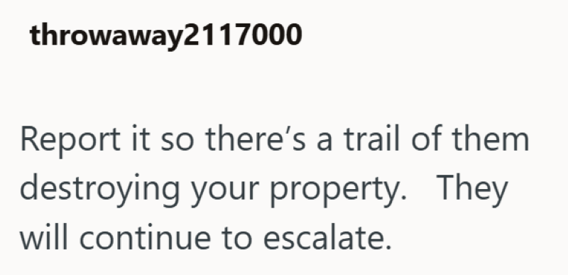 throwaway2117000 Report it so there's a trail of them destroying your property. They will continue to escalate.