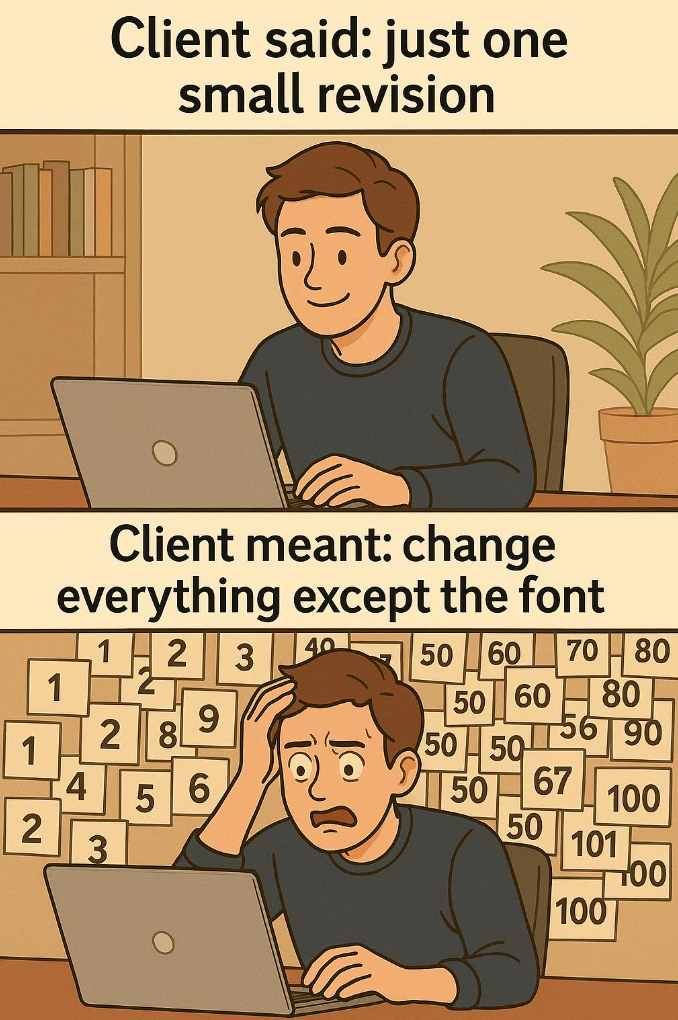 Client said: just one small revision Client meant: change everything except the font 1 2 40 3 1 9 2 8 1 4 5 6 2 3 50 60 70 80 50 60 80 50 50 56190 50 67 100 50 101 100 100