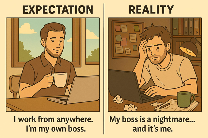 EXPECTATION REALITY I work from anywhere. I'm my own boss. My boss is a nightmare... and it's me.