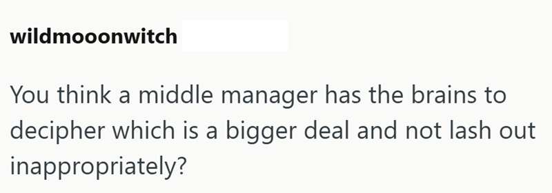 wildmooonwitch You think a middle manager has the brains to decipher which is a bigger deal and not lash out inappropriately?