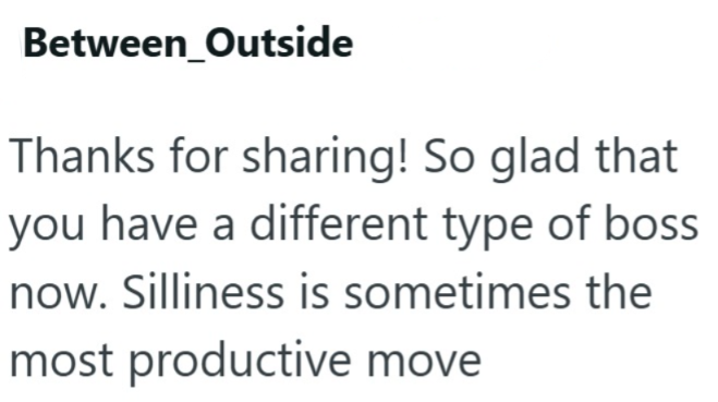 Between Outside Thanks for sharing! So glad that you have a different type of boss now. Silliness is sometimes the most productive move