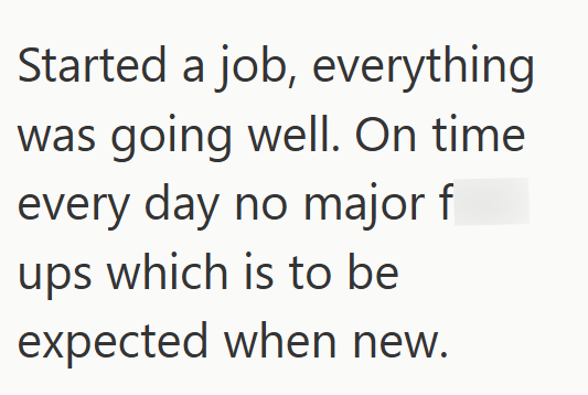 Started a job, everything was going well. On time every day no major f ups which is to be expected when new.
