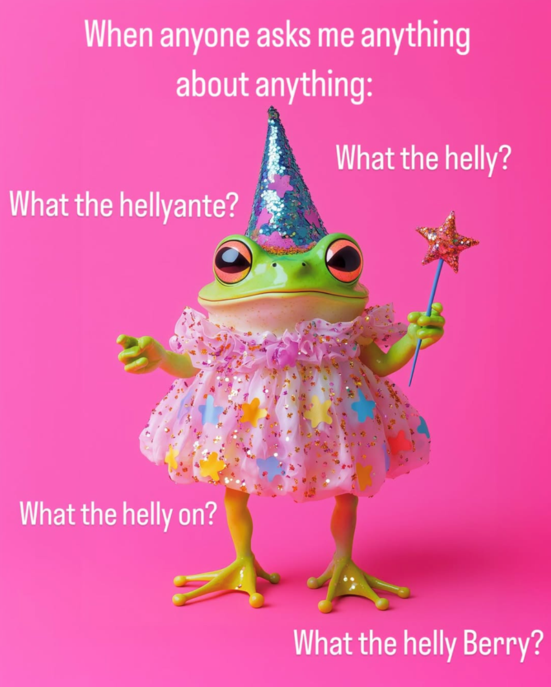 When anyone asks me anything about anything: What the hellyante? What the helly on? What the helly? What the helly Berry?