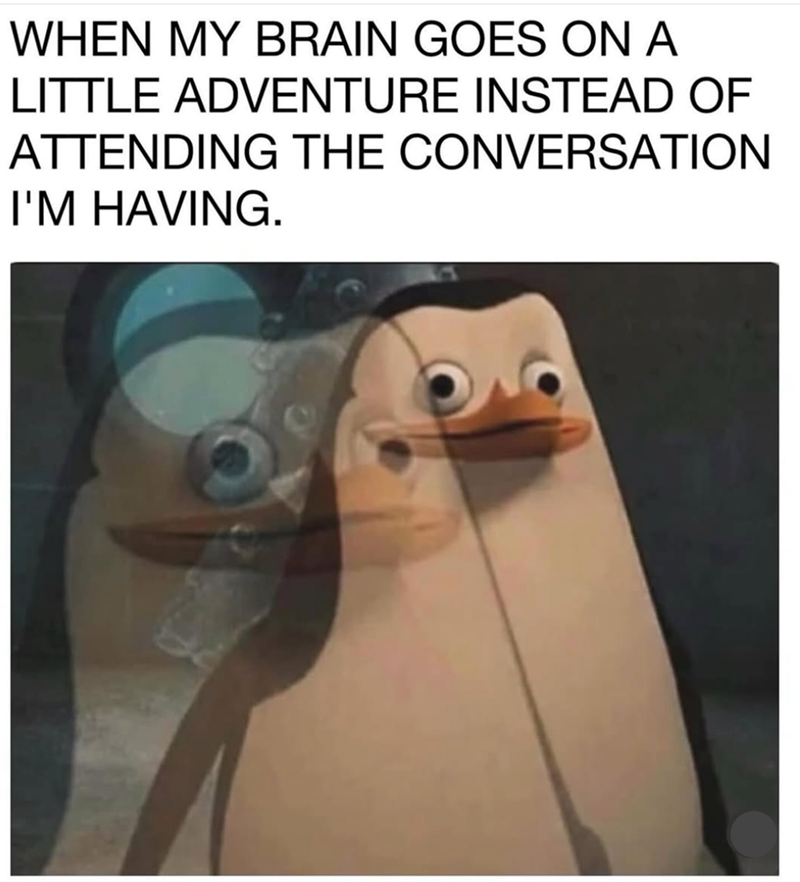 WHEN MY BRAIN GOES ON A LITTLE ADVENTURE INSTEAD OF ATTENDING THE CONVERSATION I'M HAVING.