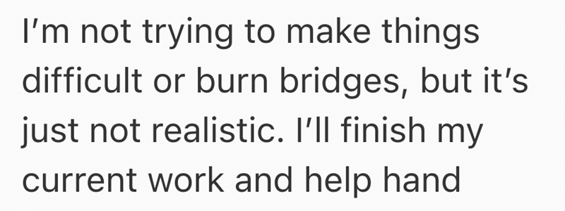 I'm not trying to make things difficult or burn bridges, but it's just not realistic. I'll finish my current work and help hand