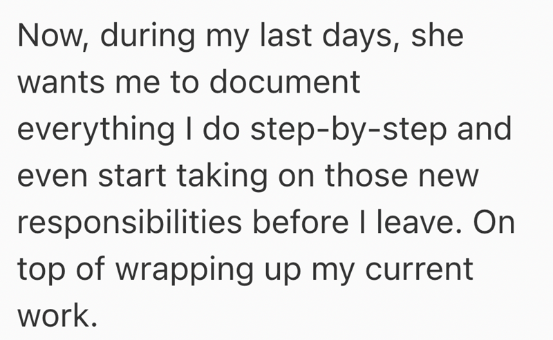 Now, during my last days, she wants me to document everything I do step-by-step and even start taking on those new responsibilities before I leave. On top of wrapping up my current work.