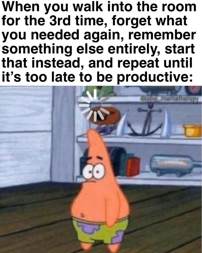 When you walk into the room for the 3rd time, forget what you needed again, remember something else entirely, start that instead, and repeat until it's too late to be productive: @adhd memetherapy CO