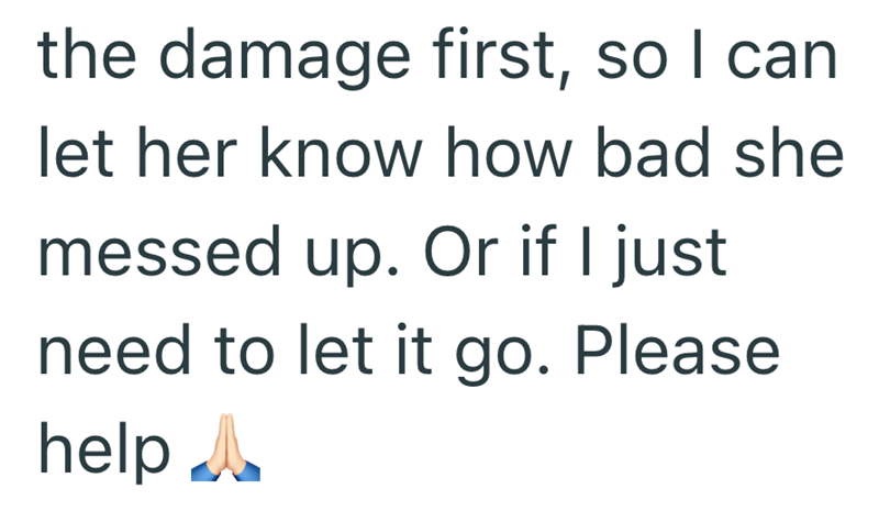 the damage first, so I can let her know how bad she messed up. Or if I just need to let it go. Please help