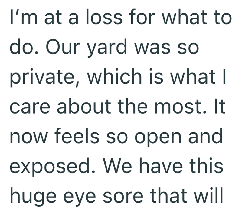 I'm at a loss for what to do. Our yard was so private, which is what I care about the most. It now feels so open and exposed. We have this huge eye sore that will